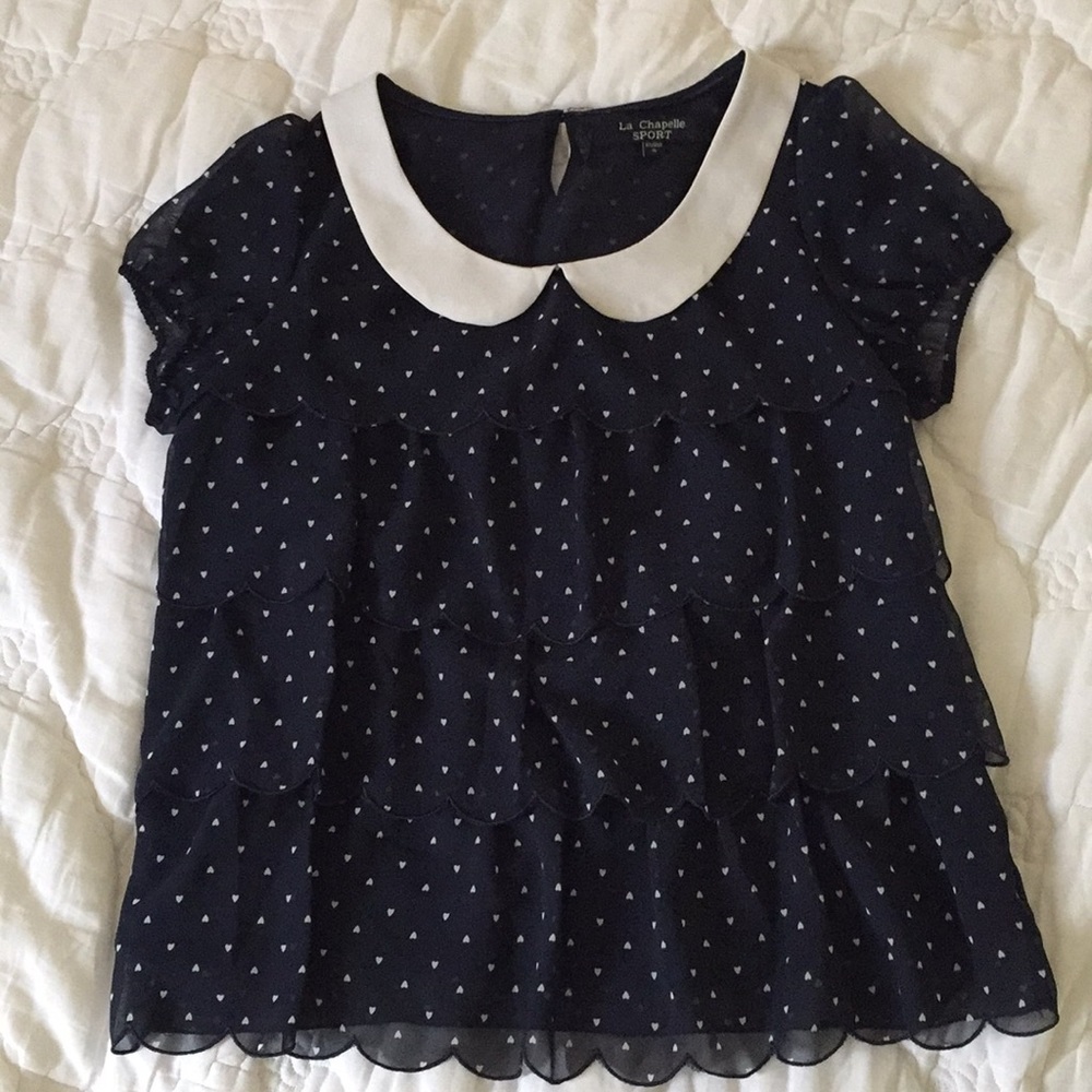 Peter Pan collar navy and white heart print tiered